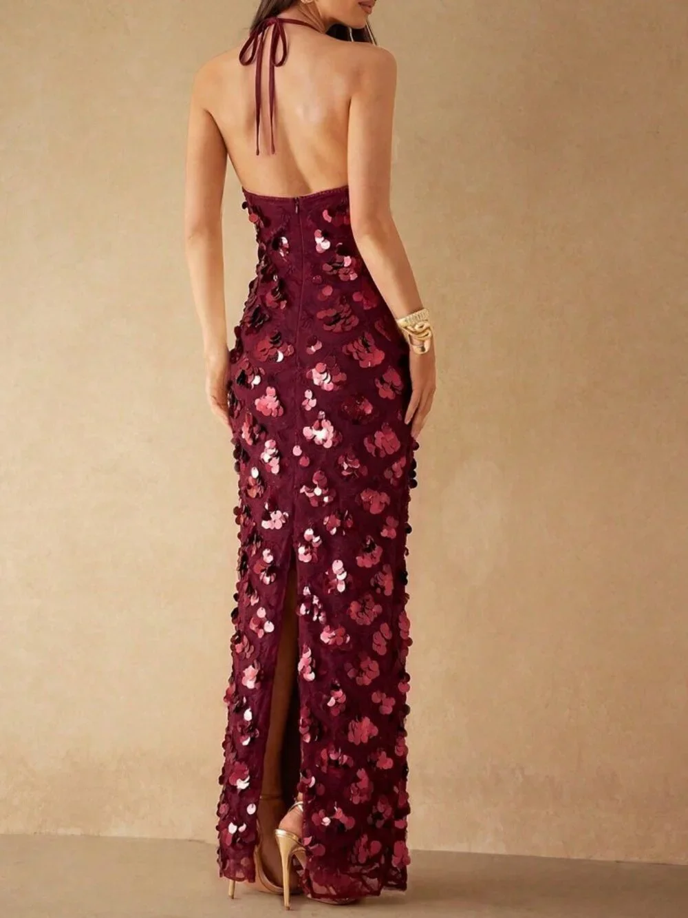 Burgundy Party Women's Sequin Design Halter Dress